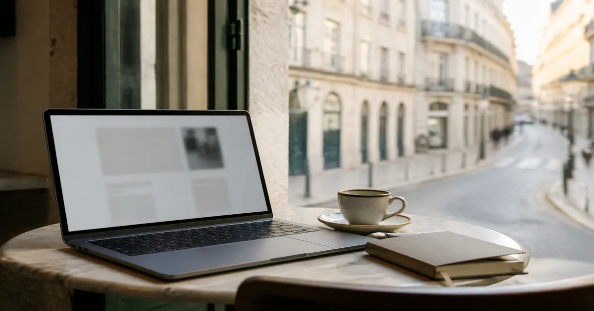 Laptop and espresso on a cafe table in Lisbon, with a local business website on screen